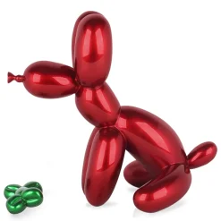 Statues & Sculptures Table Top|Floor Standing-Balloon Dog & Bone 46cm Red Resin Indoor Sculpture