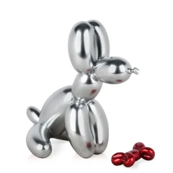 Statues & Sculptures Table Top|Floor Standing-Balloon Dog & Bone 28cm Silver Resin Indoor Sculpture