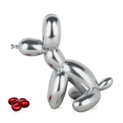 Statues & Sculptures Table Top|Floor Standing-Balloon Dog & Bone 28cm Silver Resin Indoor Sculpture