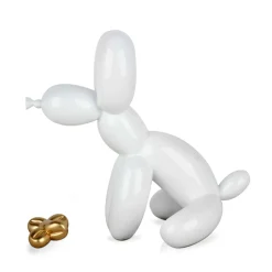 Statues & Sculptures Table Top|Floor Standing-Balloon Dog & Bone 28cm White Resin Indoor Sculpture