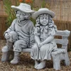 Statues & Sculptures Children-Boy & Girl on Bench Stone Garden Statue
