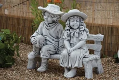 Statues & Sculptures Children-Boy & Girl on Bench Stone Garden Statue