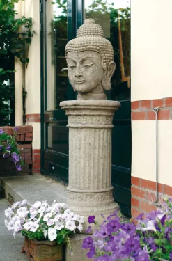 Statues & Sculptures Buddha-Buddha Head Stone Garden Ornament on Pedestal