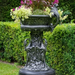 Statues & Sculptures Round-Classic Swan Urn Bronze Metal Garden Planter