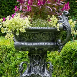Statues & Sculptures Round-Classic Swan Urn Bronze Metal Garden Planter