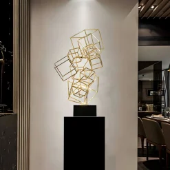 Statues & Sculptures Table Top|Abstract-Cube Fusion 85cm Gold Metal Indoor Sculpture