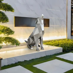 Statues & Sculptures Low Poly|Animals-Dog 100cm Silver Geometric Metal Garden Sculpture