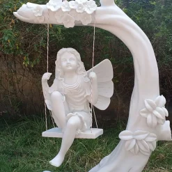 Statues & Sculptures Children|Fairies-Fairy on Swing 110cm Marble Resin Garden Ornament