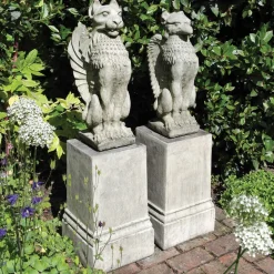 Statues & Sculptures Lions|Griffins-Gothic Griffin & Lion on Pedestal Stone Garden Statues