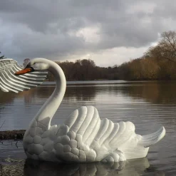 Statues & Sculptures Swans-Grand Laying Swan Antique White Metal Garden Statue