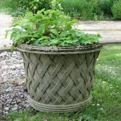 Statues & Sculptures Large|Round-Jardinier Basket Weave 45cm Stone Garden Planter