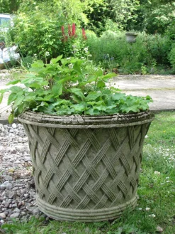 Statues & Sculptures Large|Round-Jardinier Basket Weave 45cm Stone Garden Planter