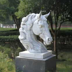 Statues & Sculptures Horses|Modern-Majestic Horse Head 120cm White Marble Garden Statue
