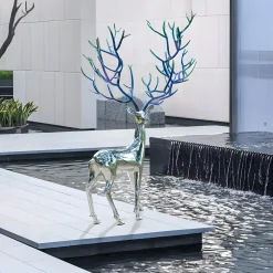 Statues & Sculptures Wildlife|Stags & Deers-Majestic Stag 258cm Silver Metal Garden Sculpture