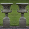 Statues & Sculptures Large|Round-Pair of Grecian Stone Garden Planter Urns on Pedestals