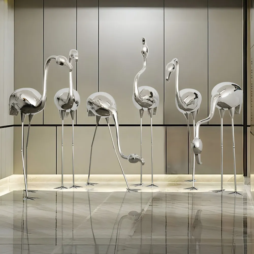 Statues & Sculptures Wildlife|Contemporary-Pure Flamingo 122cm Silver Metal Garden Sculpture