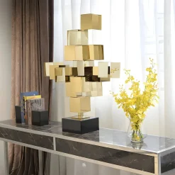 Statues & Sculptures Table Top|Floor Standing-Quantum Cubes 88cm Gold Metal Indoor Sculpture