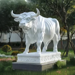 Statues & Sculptures Farm|Modern-Regal Bull 120cm White Marble Garden Statue v1