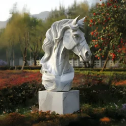 Statues & Sculptures Horses|Modern-Regal Horse Head 120cm White Marble Garden Statue