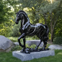 Statues & Sculptures Horses-Regal Stallion 220cm Black Marble Garden Statue