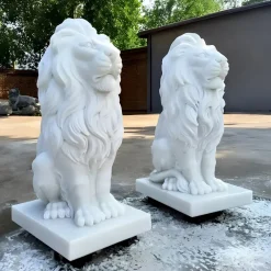 Statues & Sculptures Lions|Modern-Royal Lion 120cm White Marble Garden Statue
