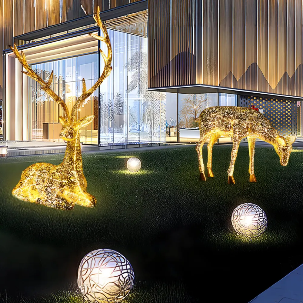Statues & Sculptures Wildlife|Stags & Deers-Starlight Stag 90cm LED Gold Metal Garden Sculpture