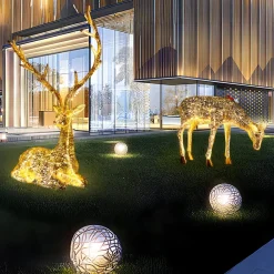 Statues & Sculptures Wildlife|Stags & Deers-Starlight Stag 125cm LED Gold Metal Garden Sculpture