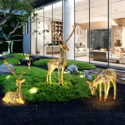 Statues & Sculptures Wildlife|Stags & Deers-Starlight Stag 212cm LED Gold Metal Garden Sculpture