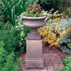 Statues & Sculptures Large|Round-Victorian Urn on Pedestal Stone Garden Planter