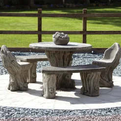Statues & Sculptures Stone Benches-Woodlands Stone Benches & Table Patio Garden Furniture Set